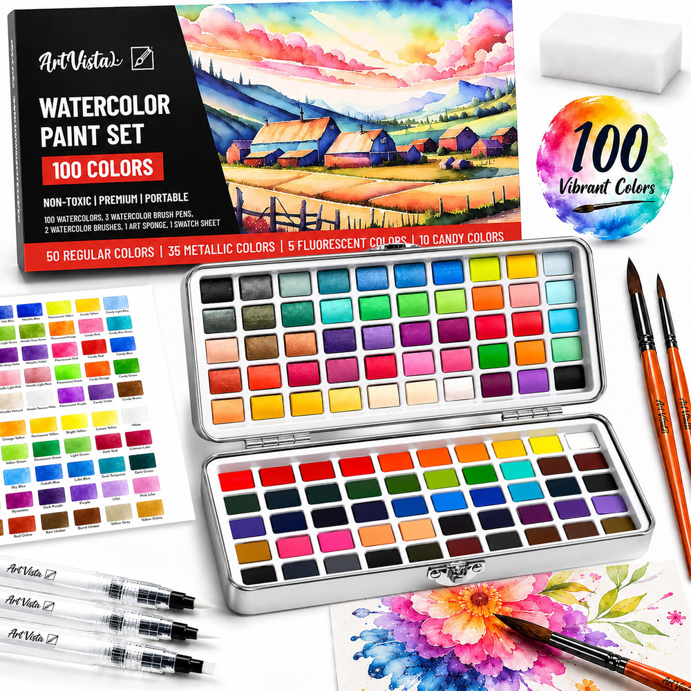 Art Vista front view of 100-color set showing organized pans and case, ready to paint