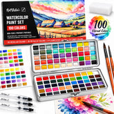 Art Vista front view of 100-color set showing organized pans and case, ready to paint
