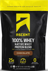 Ascent front packaging showing chocolate flavor and 25g protein