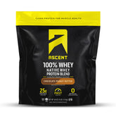Ascent chocolate peanut butter front tub shows clean packaging and protein benefits