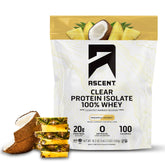 Ascent clear whey front packaging showing product name and servings, highlights portability