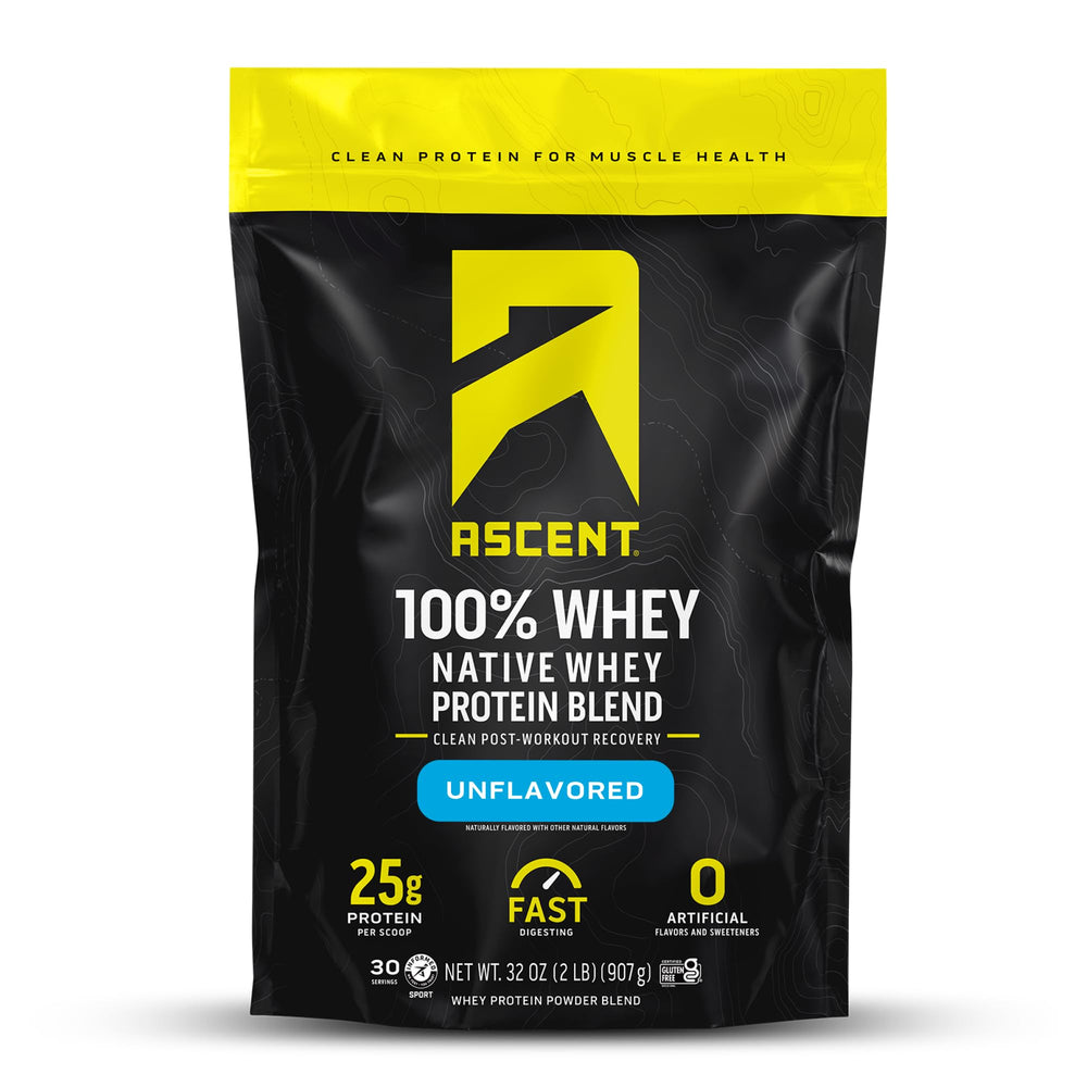 Ascent unflavored tub front view showing label and size, clear product identity