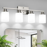 Ascher front view of brushed nickel 4-light vanity showing balanced illumination