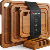 Astercook front view of the three-piece bamboo cutting board set showing tidy storage and durable finish