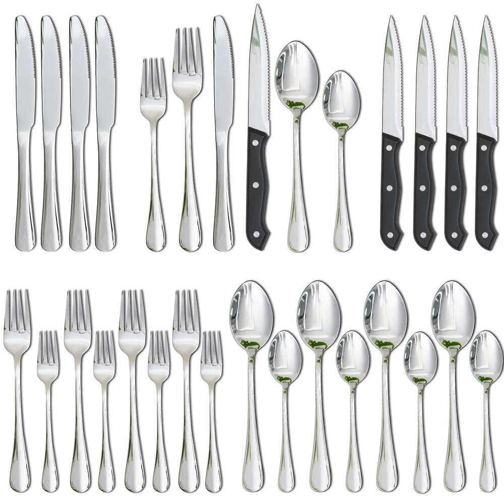 Astercook full flatware set front view showing all 24 pieces and balanced design benefit