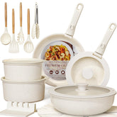 Astercook front view of cream cookware set showcasing full 21-piece collection and organized layout benefit