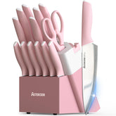 Astercook front packaging showing full crystal pink knife set and immediate countertop upgrade