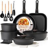 Astercook full cookware set front view showing all pieces and lids benefit compact organization