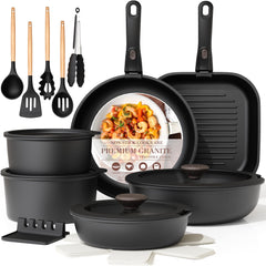 Astercook full cookware set front view showing all pieces and lids benefit compact organization