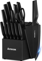Astercook front view of black hardwood block set showing organized storage benefit
