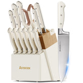 Astercook front view of full 14-piece knife set showcasing organized block and knives for stylish storage