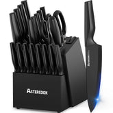 Astercook front view of 21-piece knife set in block showing organized storage benefit