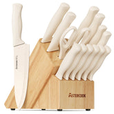 Astercook front view knife set showing full 15-piece collection and block, enhancing kitchen organization