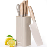 Astercook front view of 6-piece knife set showing coordinated khaki block and handles for stylish storage