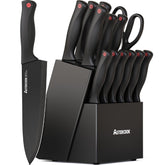 Astercook full 15-piece knife set front view showing block and knives, organized and ready