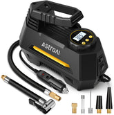 AstroAI front view showing compact yellow inflator and portability benefit