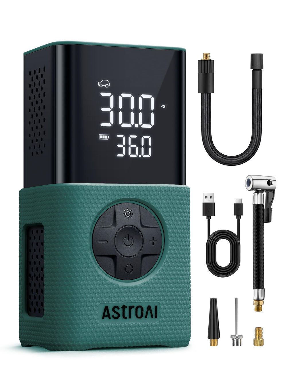 AstroAI L7S front view showing compact portable inflator and gauge for easy transport