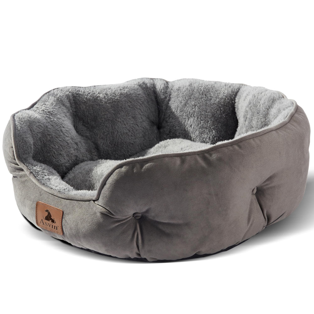 Asvin front view of grey small dog bed showing inviting plush comfort