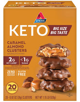 Atkins box front view showing caramel almond clusters and brand benefits