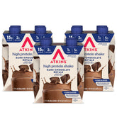 Atkins Dark Chocolate Royale front packaging showing 12-count box and bottles, convenient storage
