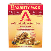 Atkins front box showing lemon poppyseed and blueberry variety and grab-and-go convenience