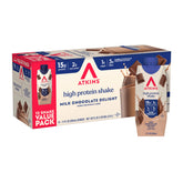 Atkins front packaging showing 12-count chocolate shakes and convenience