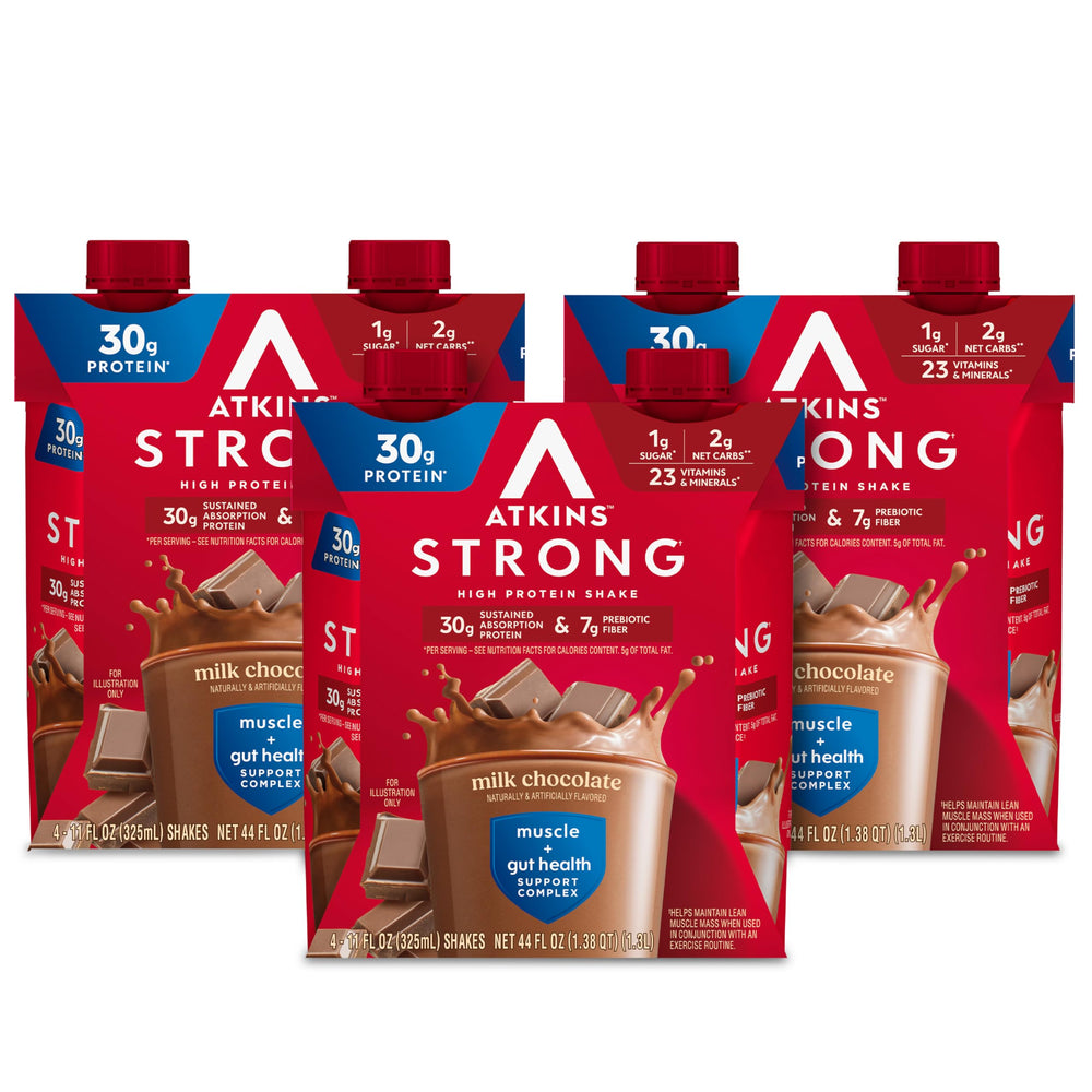Atkins strong front packaging showing 12 pack, easy grab-and-go benefit