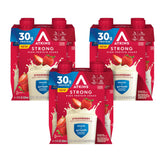 Atkins Strong front packaging showing bottle and strawberry flavor benefit convenience