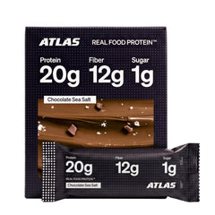 Atlas Protein Bar front packaging showing Chocolate Sea Salt benefits