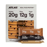 Atlas Protein Bar front packaging variety box shows clean ingredients and benefits