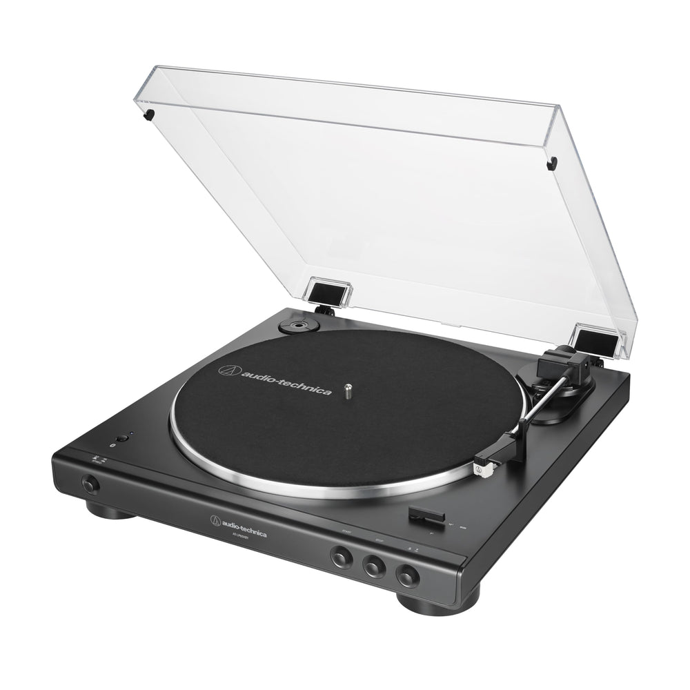 Audio-Technica front view showing compact black turntable and clear controls for easy setup
