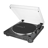 Audio-Technica front view showing compact black turntable and clear controls for easy setup