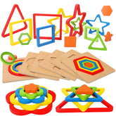 AugToy front view of six-board wooden shape puzzle showing bright boards and pieces for early learning