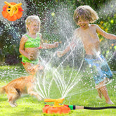 AugToy front view sprinkler showing colorful three-arm design and wide coverage benefit
