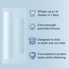 Person applying Auraglow strip to upper teeth, illustrates easy at-home use