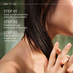 Aveda Miraculous Oil applied to hand showing small amount usage benefit: easy control and spreadability