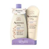 Aveeno Baby front packaging showing calming bath and lotion set benefit of bedtime routine
