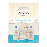 Aveeno Baby front packaging showing the five-piece gift set and contents benefit convenience