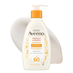 Aveeno bottle front view showing Protect + Hydrate SPF 60 for easy dispensing