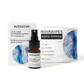 Avenova front packaging showing spray bottle and NovaWipes, clear kit for eyelid cleansing benefit