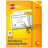 Avery clear laminating sheets front packaging showing quantity and size benefit