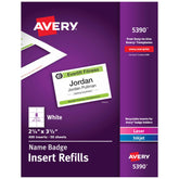 Avery front sheet view showing eight blank badge inserts and clean layout benefit