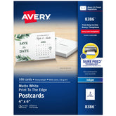 Avery front packaging showing 100 matte white postcards and product benefit