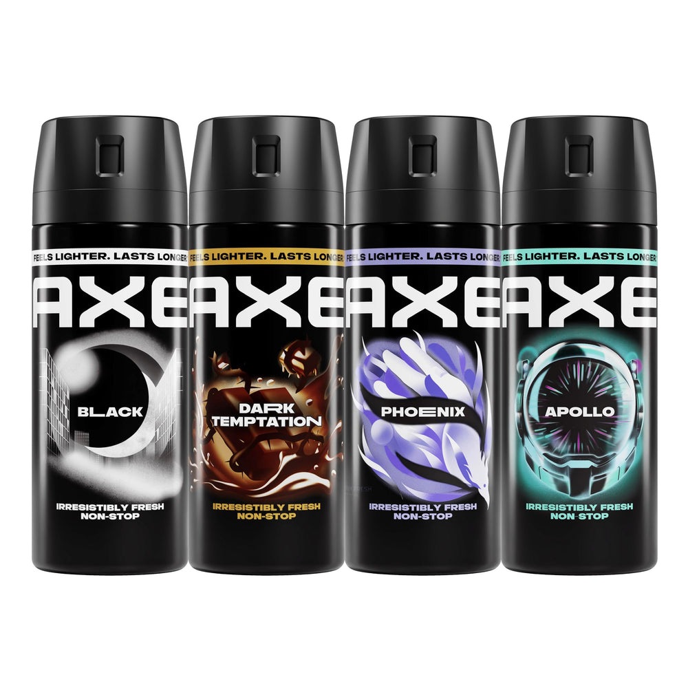 AXE four pack front view showing all four cans and packaging for quick selection