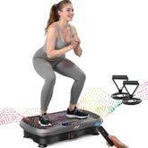 AXV vibration plate front view showing platform and benefits of compact design