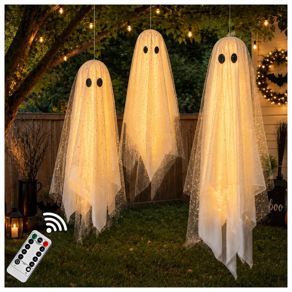 AYGXU front view of three hanging ghosts showing spooky silhouette and curb appeal