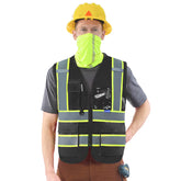 AYKRM front view of black mesh vest showing reflective tape and secure zipper for safety