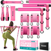 Ayombo pilates bar front view showing complete kit and travel bag benefits portability