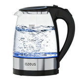 AZEUS electric kettle front view showing sleek design and fast boiling benefit