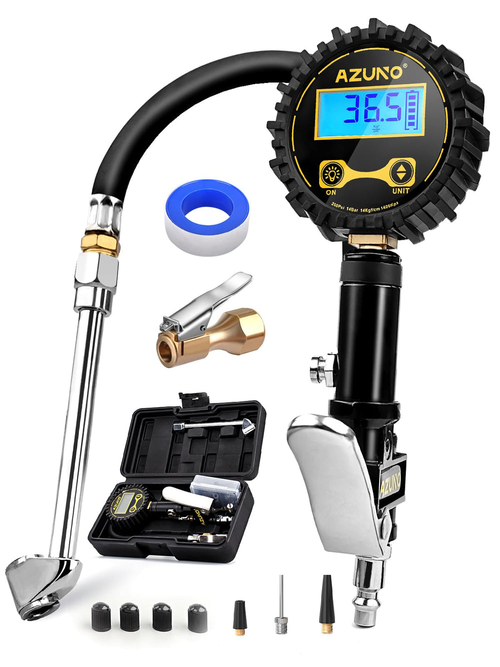 AZUNO front view inflator in box showing portability and protection
